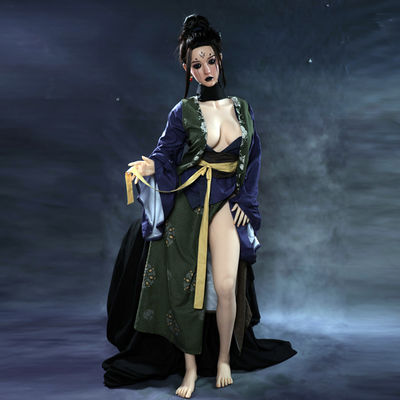 TPE realistische 158cm Sexpuppe Japan-Style Indigo Boro Kimono große Brüste schlanke Beine